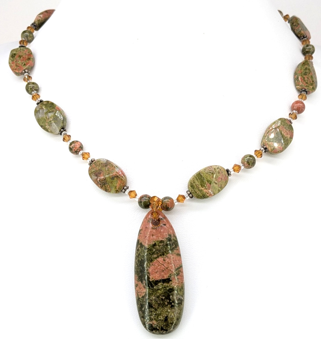 Unakite Stone Bead Necklace Silver Tone Drop Pendant 18 Inches Polished Beads