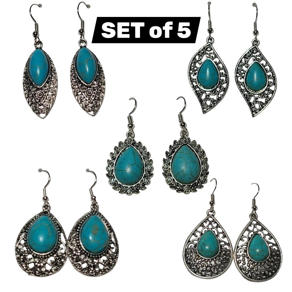 Silver Turquoise Stone Dangle Drop Fashion Earrings Set of 5 ~ NEW