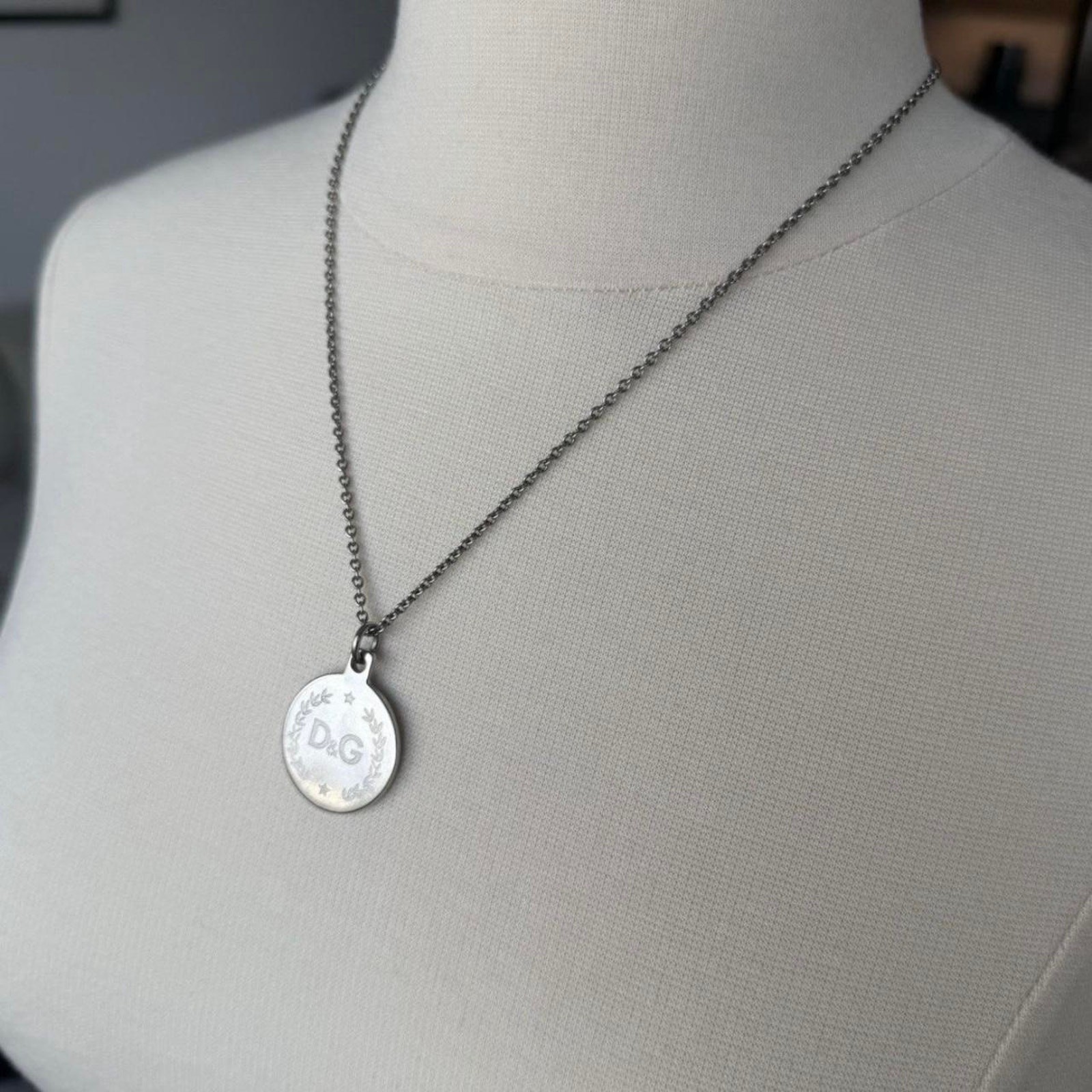 D&G Dolce & Gabbana Silver Logo Medallion Pendant Necklace