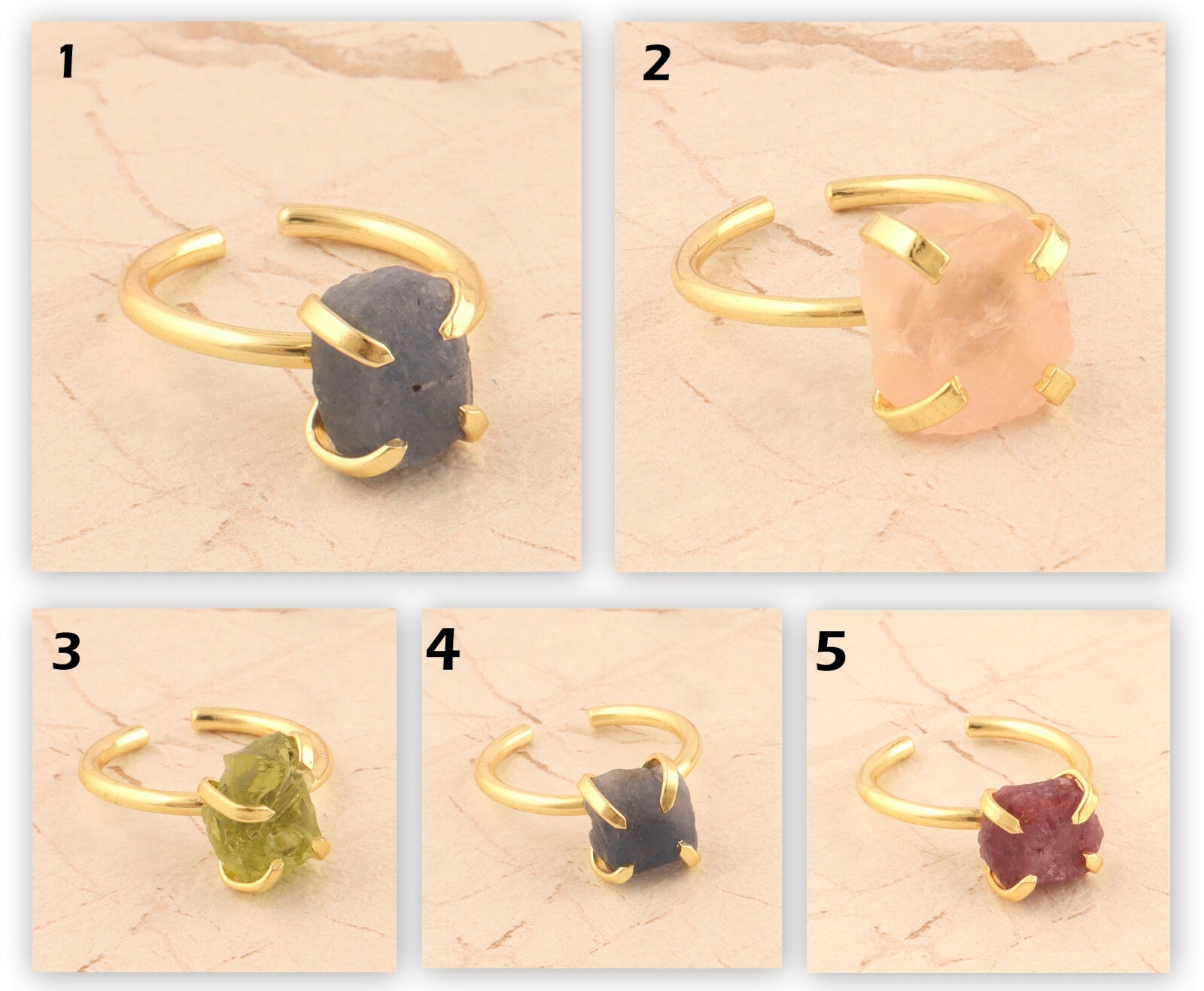 Colorful Rough Look Birthstone Yellow Gold Plated Prong Setting Adjustable Rings