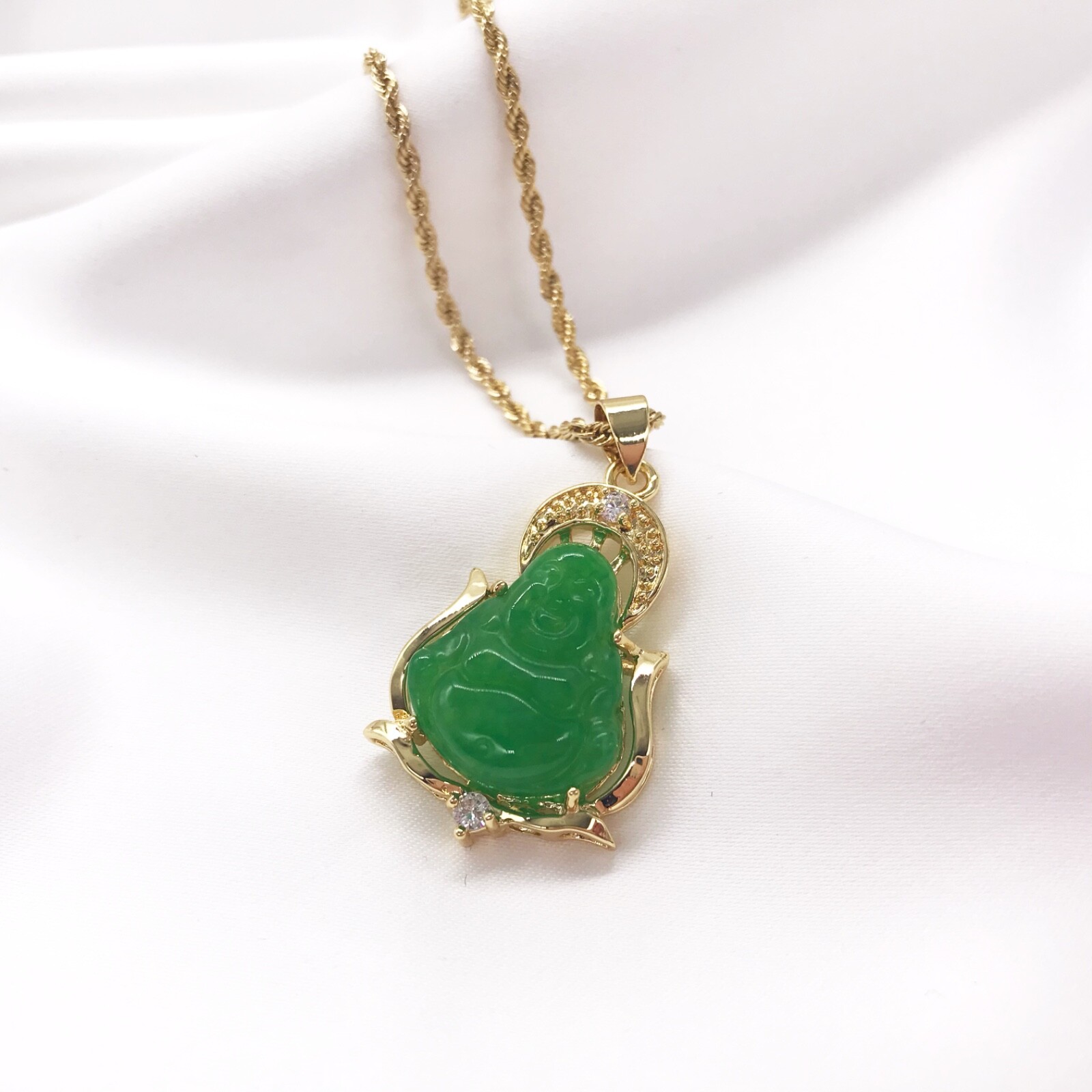 Good Fortune Wisdom Gold plated Jade laughing Buddha Pendant Necklace, Stainless