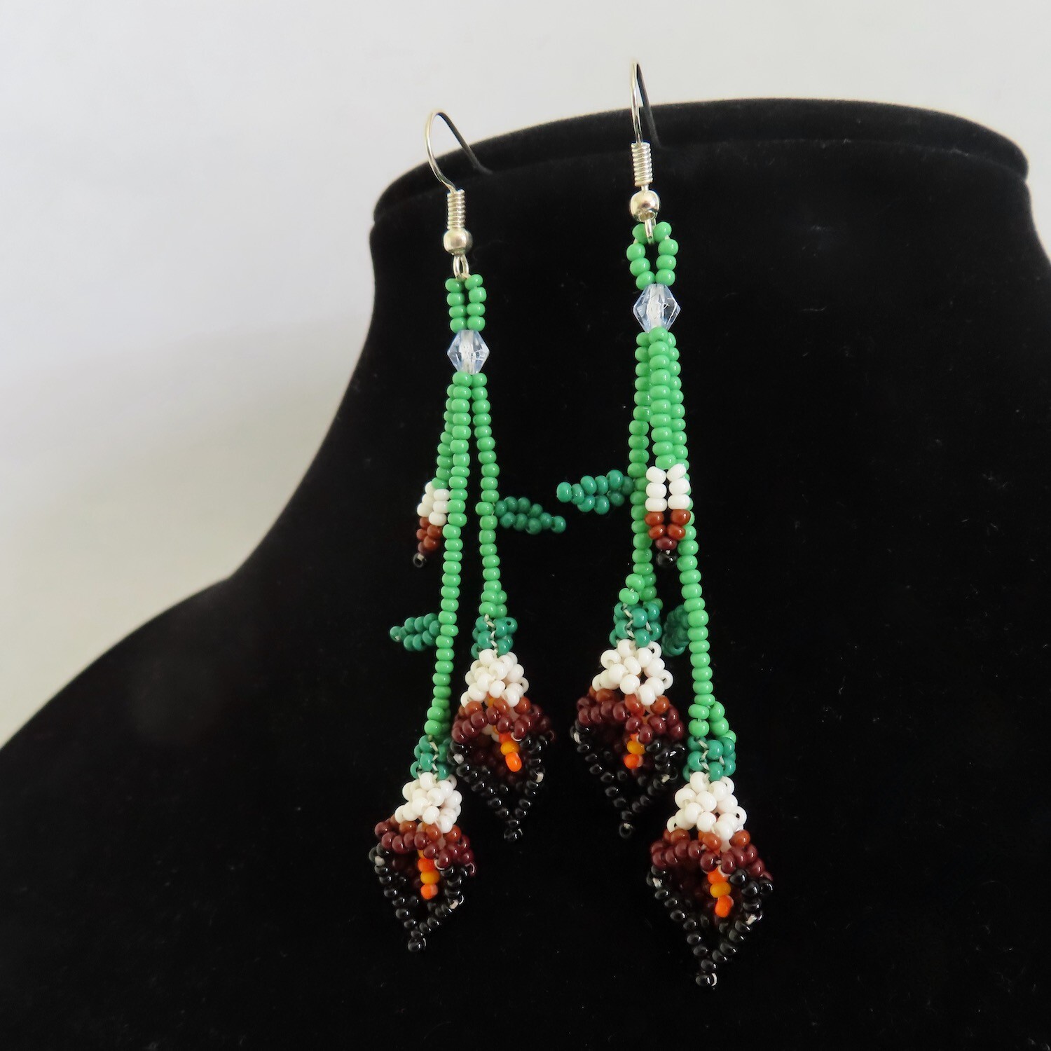 Huichol Beaded Dangle Earrings White Brown Calla Lilly Flower Handmade Mexico