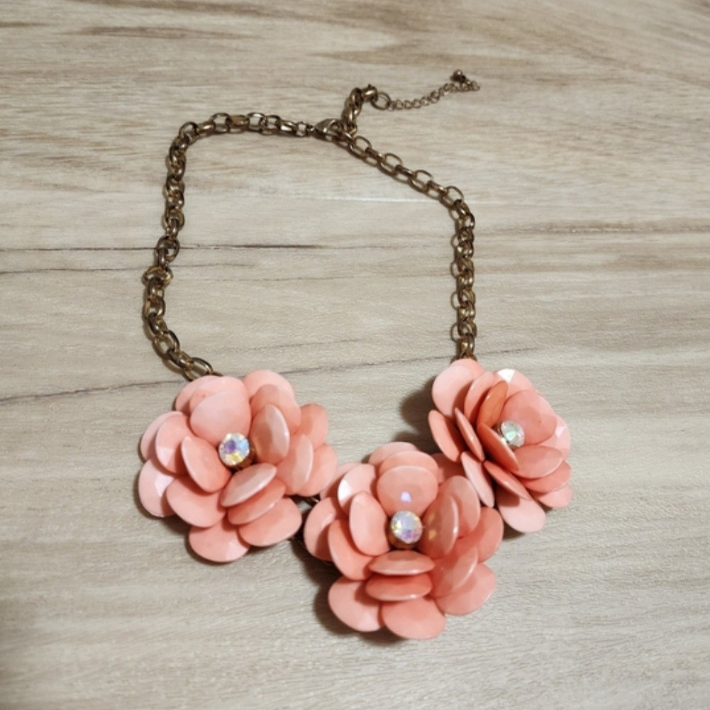 Pink Flower Statement Cable Chain Necklace, Clear Crystal Charms, Adjustable