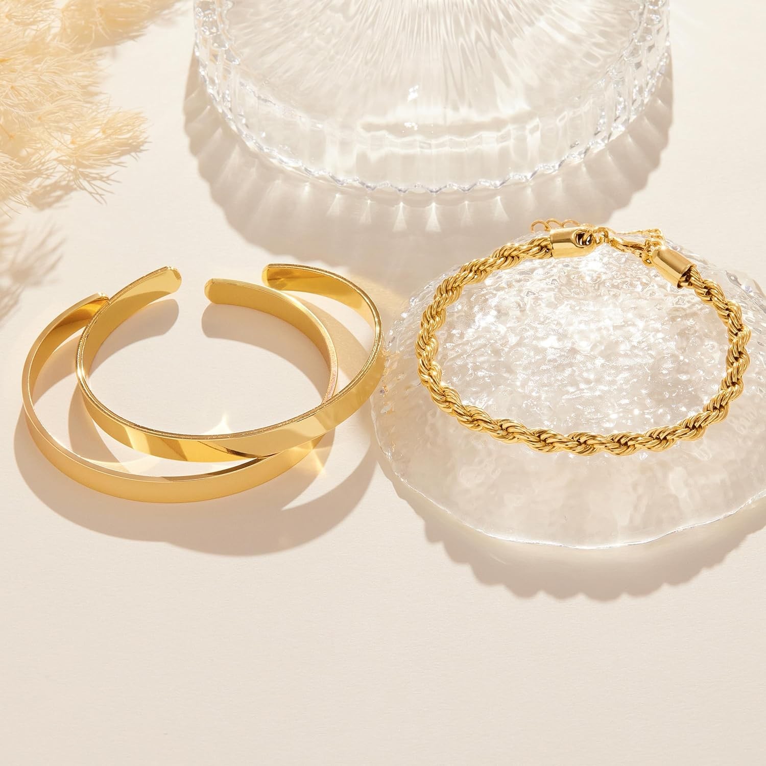 Gold Bracelets for Women Non Tarnish Dainty 14K Gold Plated Bangle Cuff Bracelet