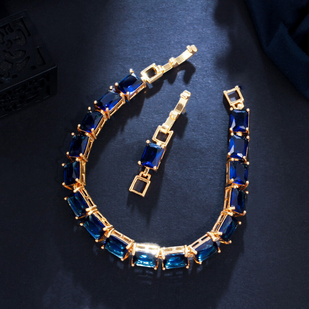 New Rectangle Shape Ocean Blue Topaz Gems Charm Women Bracelets Yellow Gold