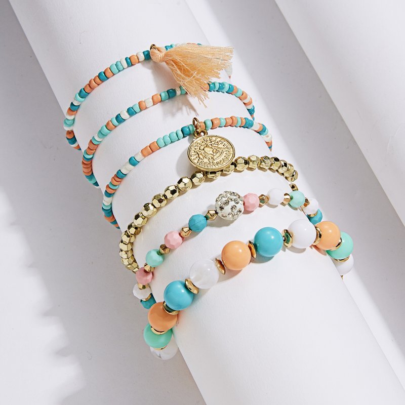 Fashion 6Pcs/Set Boho Tassel Crystal Multilayer Women Bangle Beaded Bracelet New