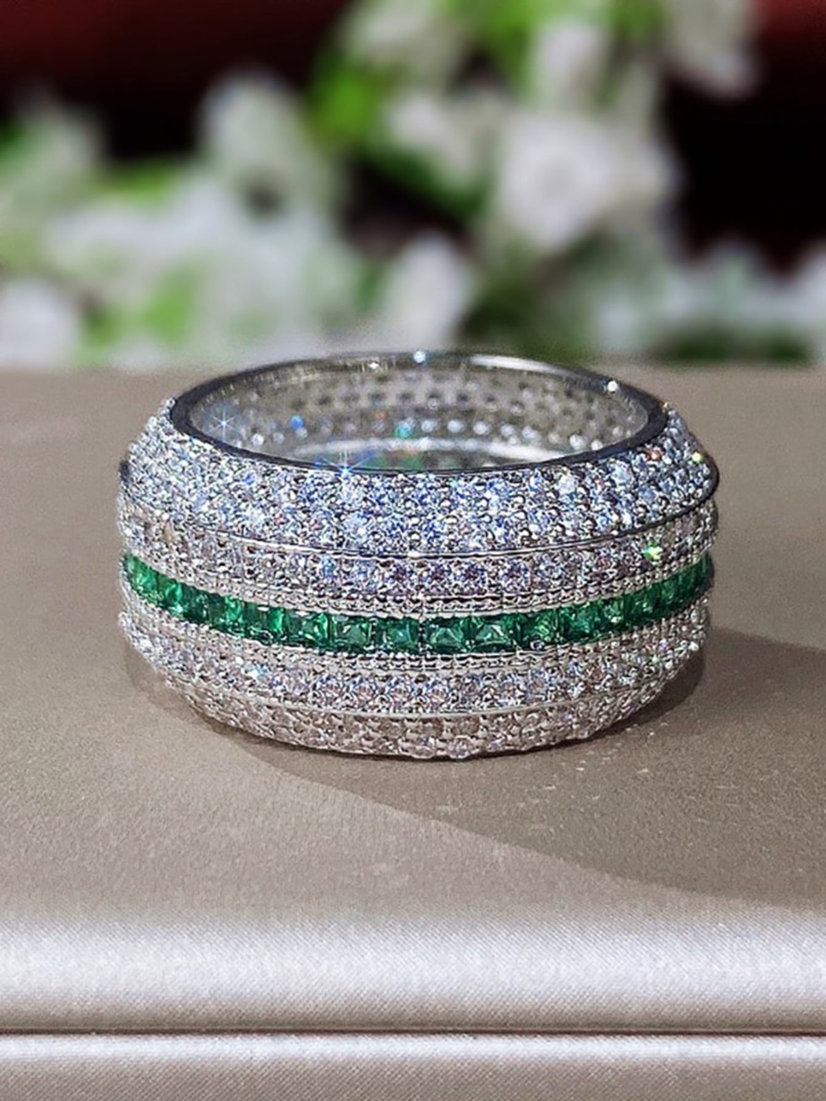 Women’s Silver Tone Emerald Green CZ Wide Eternity Band Cocktail Statement Ring