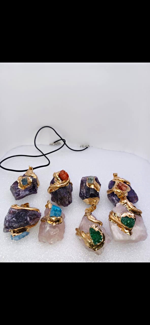 Rough Amethyst & Quartz Stone Charm Pendant Lot, Purple Irregular Shape