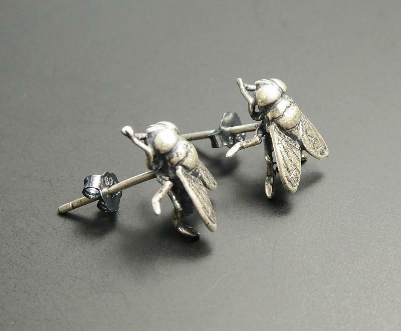 Handmade Sterling Silver Small Fly Insect Stud Post Earrings Unique Great Detail