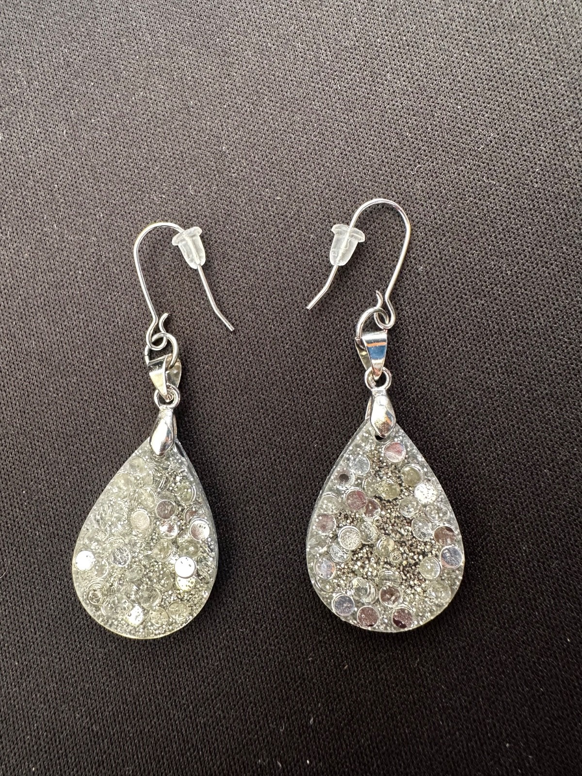 Handmade Resin Teardrop Dangle Earrings Silver Glitter Confetti Lightweight Hook