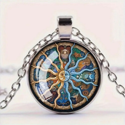 Beautiful 12 Constellations Sun Time Gem Round Pendant Necklace