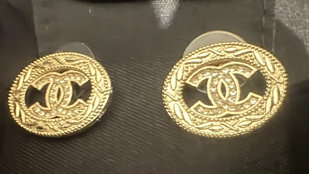 Chanel 2023 k collection CC lightGold &Zirconia Stud earrings with packaging.