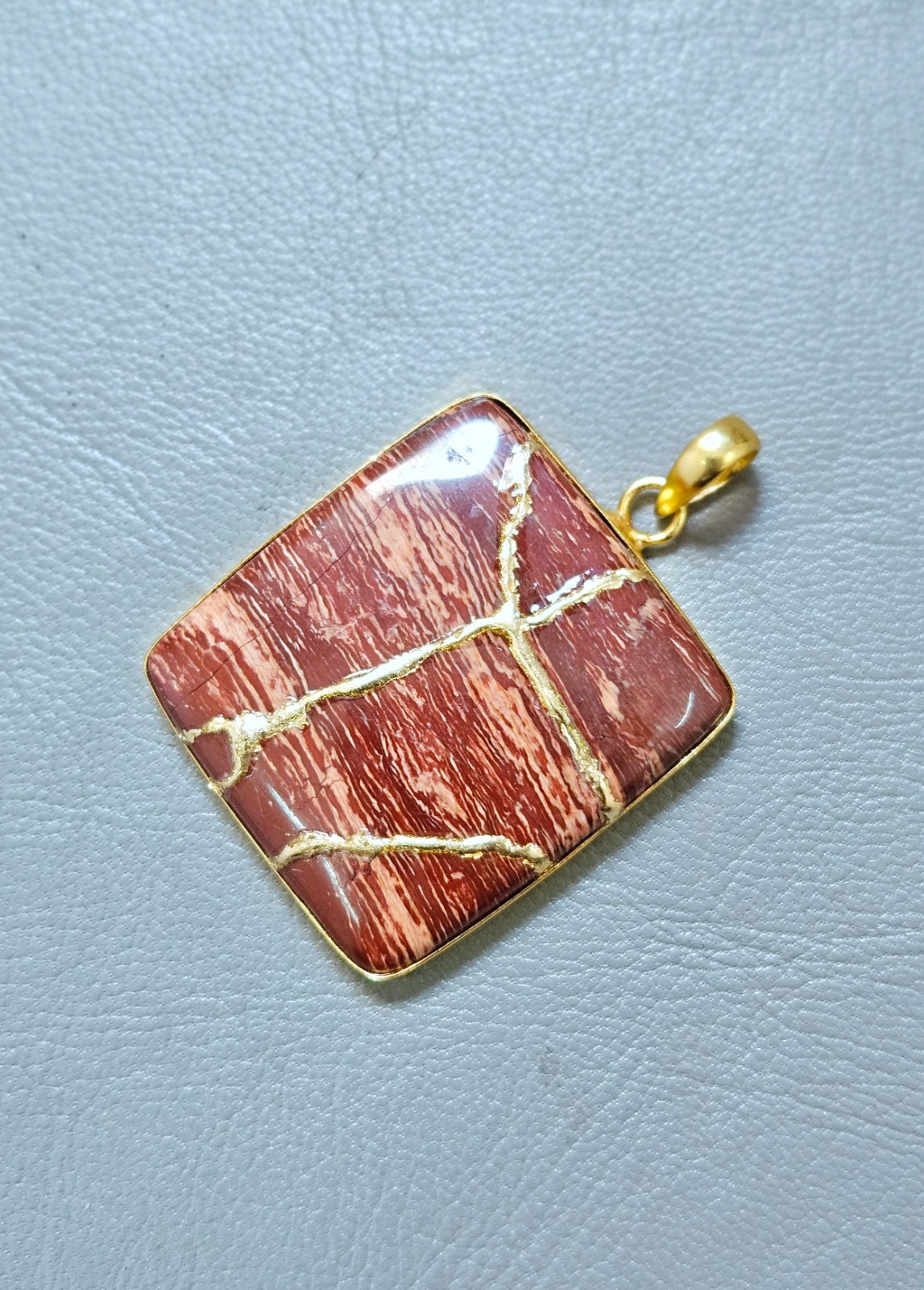 Snake Skin Jasper Necklace Kintsugi Japanese Art By Gold Plated Pendant Jewelry