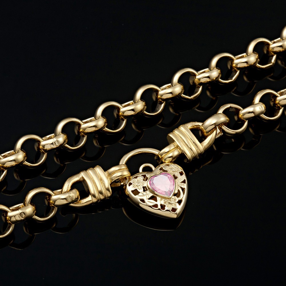 18K GL Thick Solid Belcher Yellow Gold Necklace Filigree Heart Padlock Rose Pink