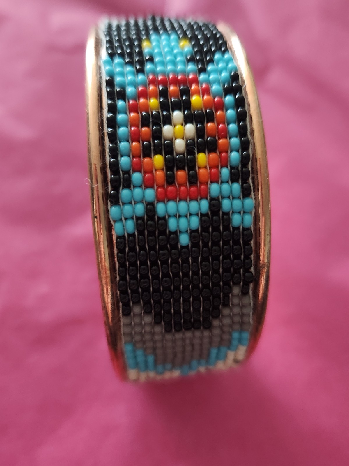 Native American Style Copper Seed Beaded Adjustable Bracelet Cuff Blue Black Red