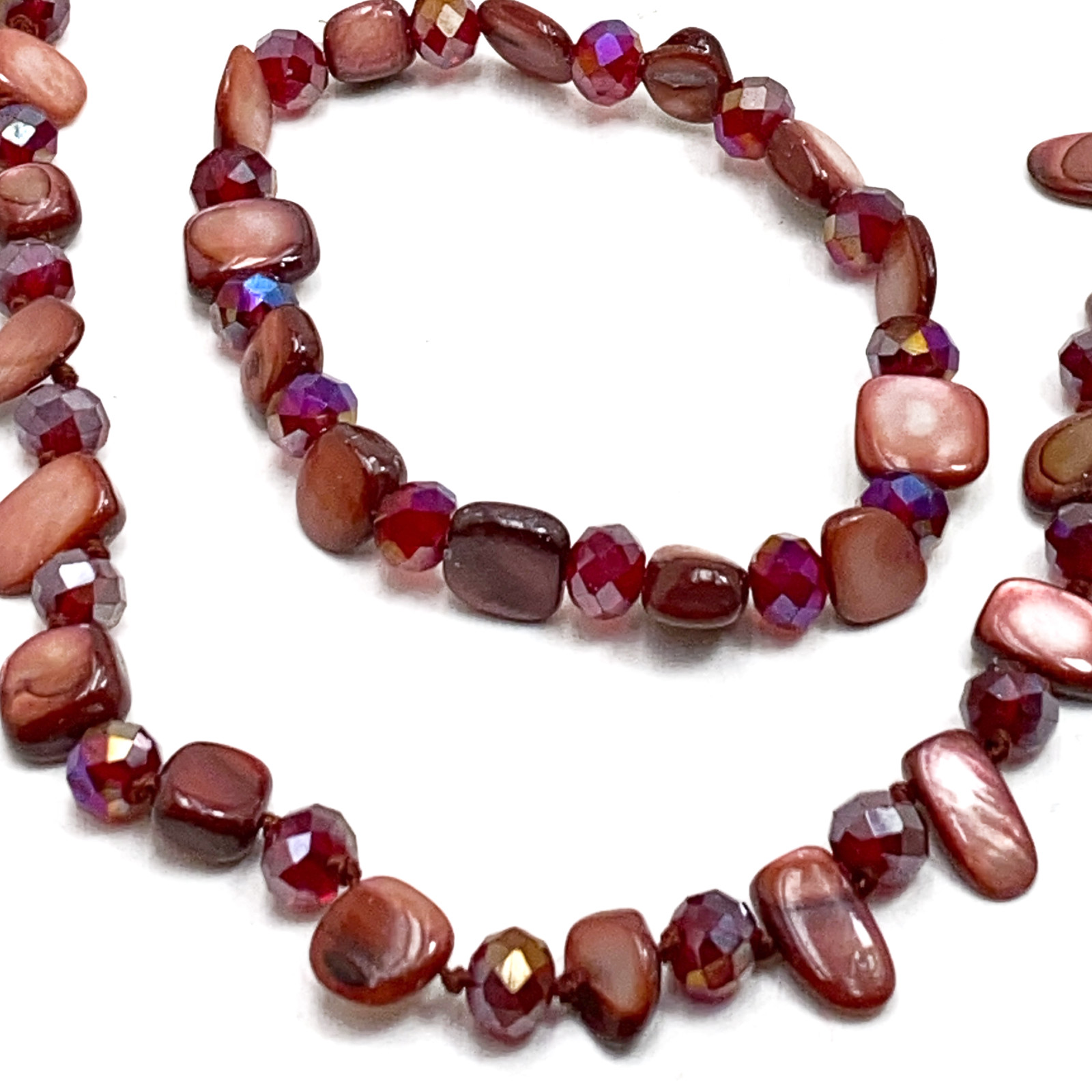 Long Red Necklace Bracelet Abalone Shell Crystal Hand Knotted 31 In