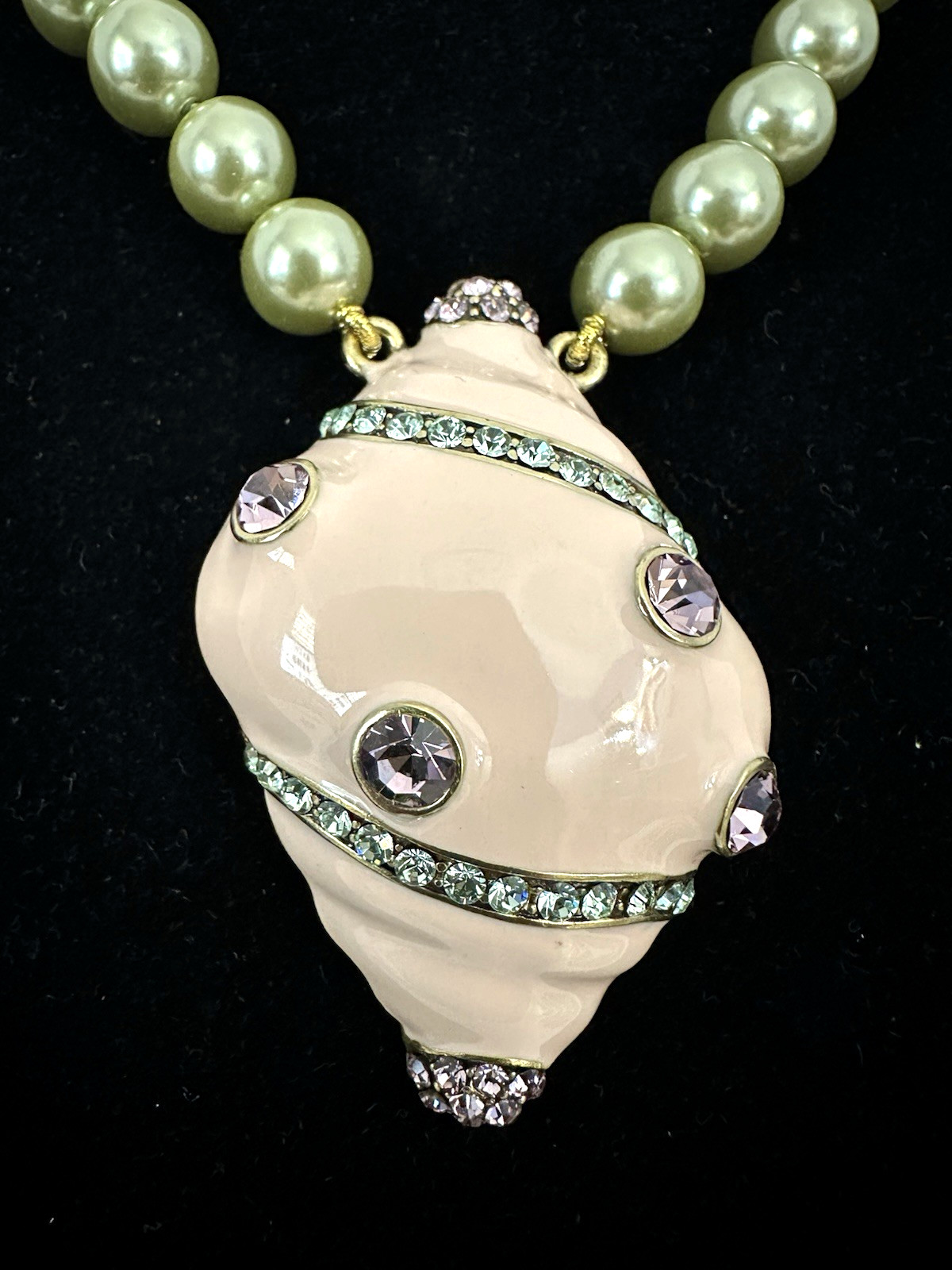HEIDI DAUS Pink Rhinestone Enamel Seashell With Faux Pearl Sage Green Necklace