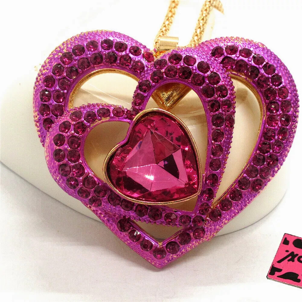 Betsey Johnson Necklace Stunning Pink Triple Heart