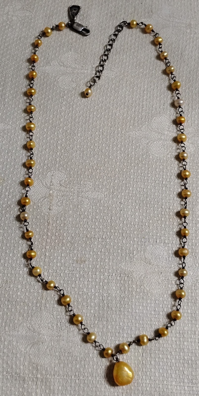 Vintage 925 Sterling Silver Faux Yellow Pearl Bead & Pendant 19.5″ Necklace