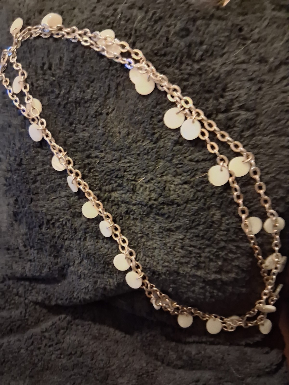 Silver Tone Cable Chain Necklace White Round Disc Shell Charm Station Dangles