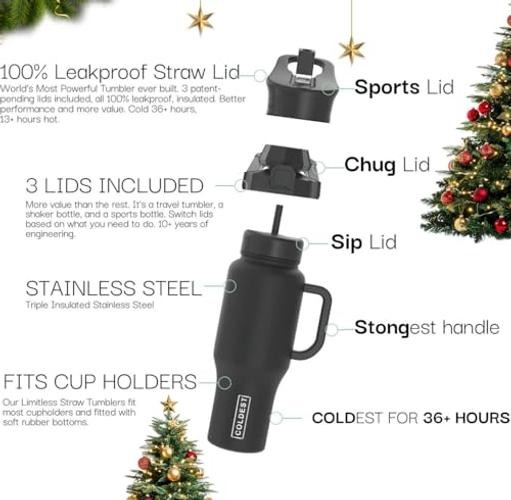 Coldest Tumbler with Handle and Straw – 100% Leak Proof 36 oz Stealth Black