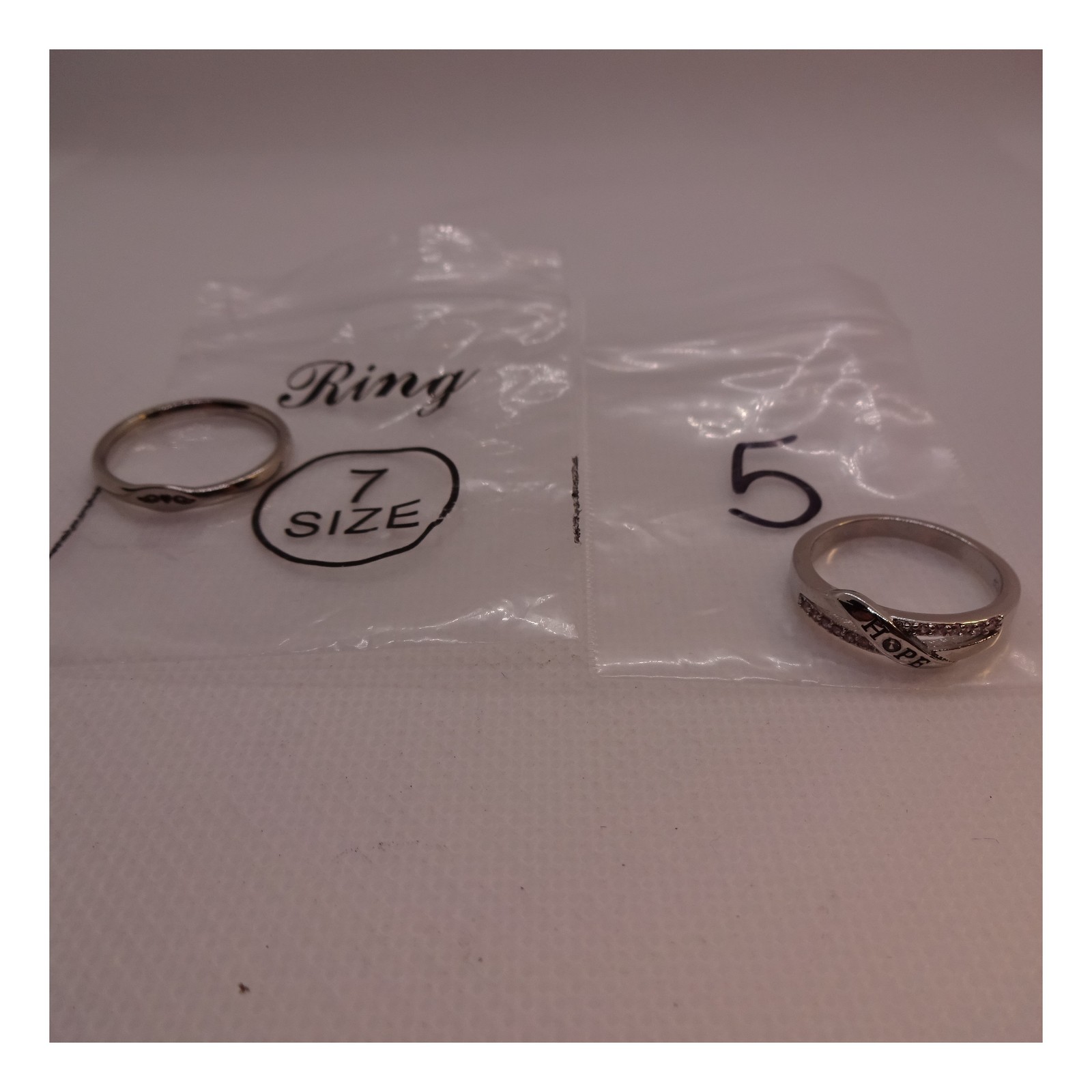 HOPE CrissCross Rhinestone Ring Size 5 &WingedHeart Band Ring Size 7 Silver Tone