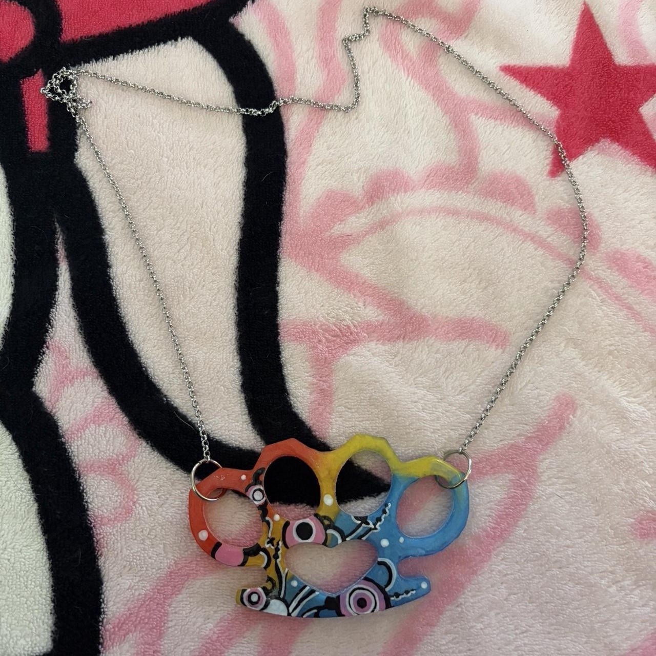 Handmade rainbow ombré brass knuckle necklace with y2k design