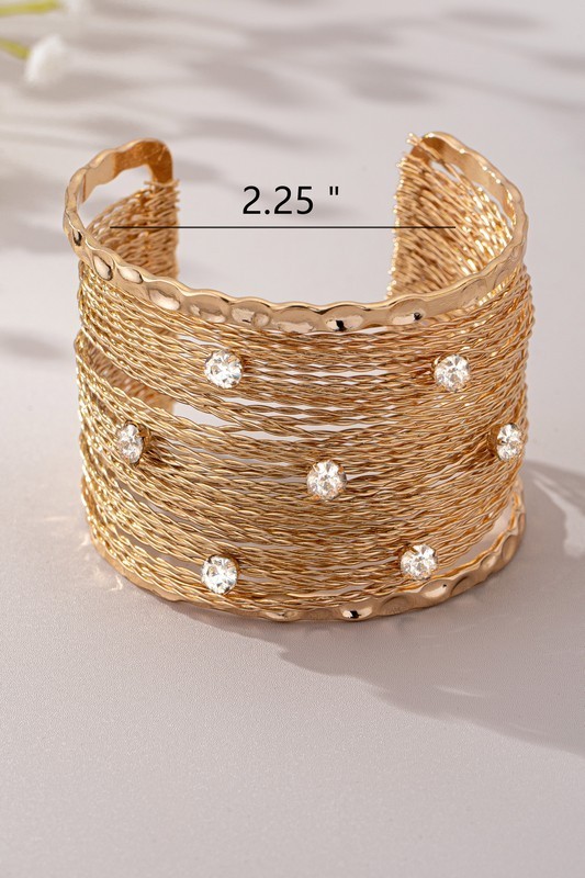 Hammered Gold Mesh Cuff Bracelet – Sparkly Rhinestone – Wide Statement Jewelry
