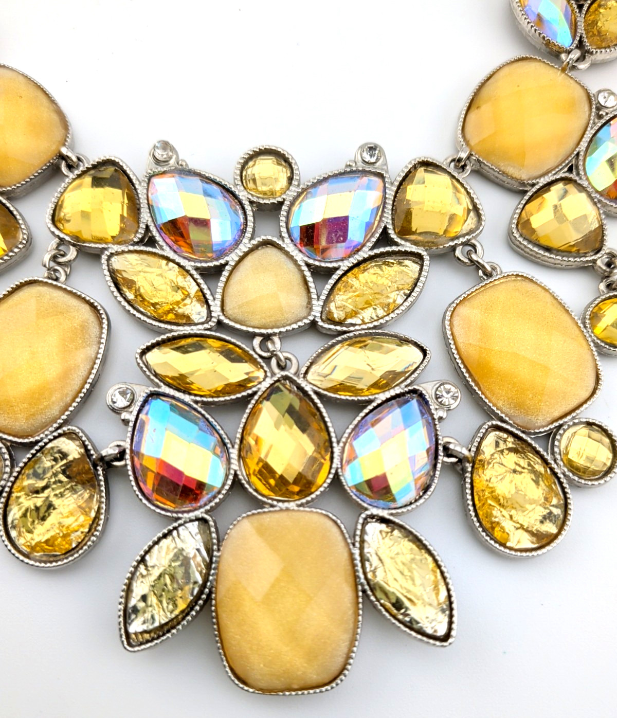 Statement Bib Necklace Gold/Iridescent Faceted Acrylic Crystals SilverTone Chain