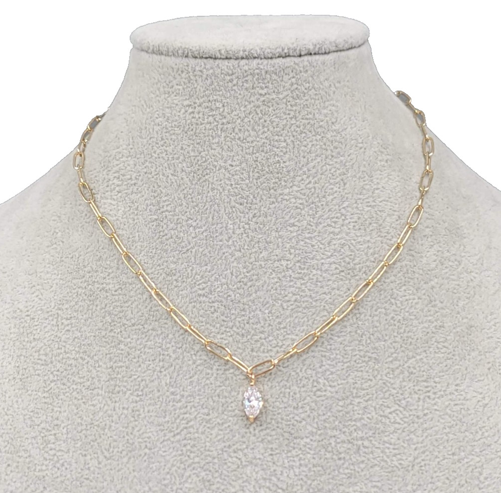 Marquise Crystal Pendant Choker Necklace Gold tone Chain Link 14″-16″