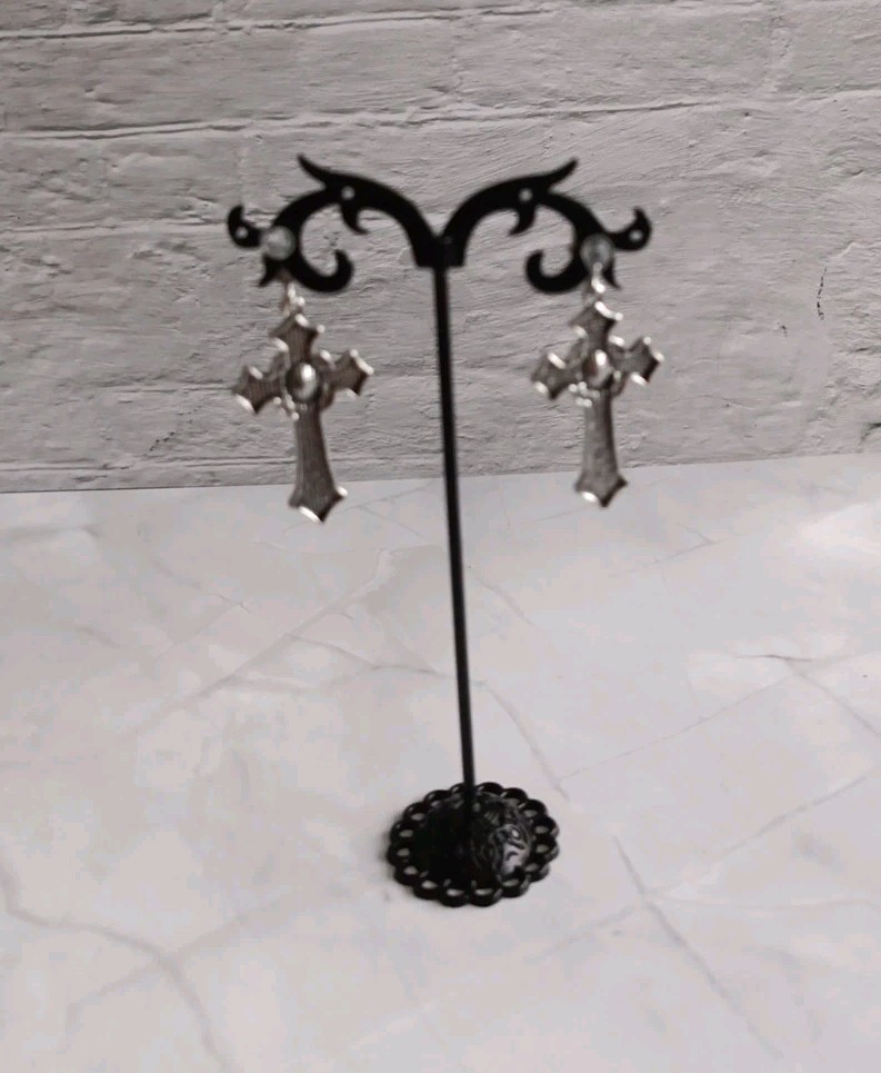 Silver Tone Gothic Style Cross Earrings With Purple Stones 5 x 2.5cm BNWT
