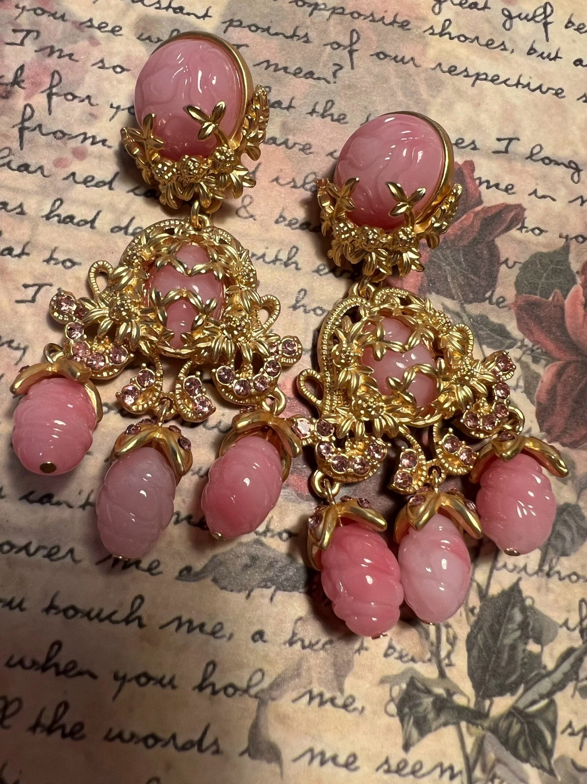 Vintage Pink Drop Earrings Gold Tone Baroque Statement Clip On Jewelry