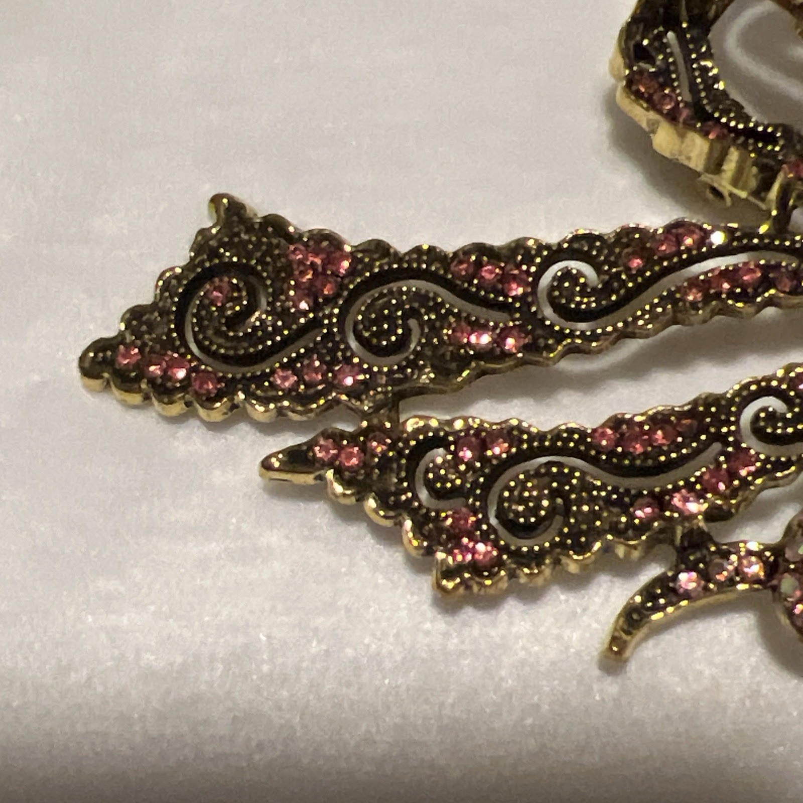 Pink Antique Gold Metal Bow Brooch Pink Rhinestones