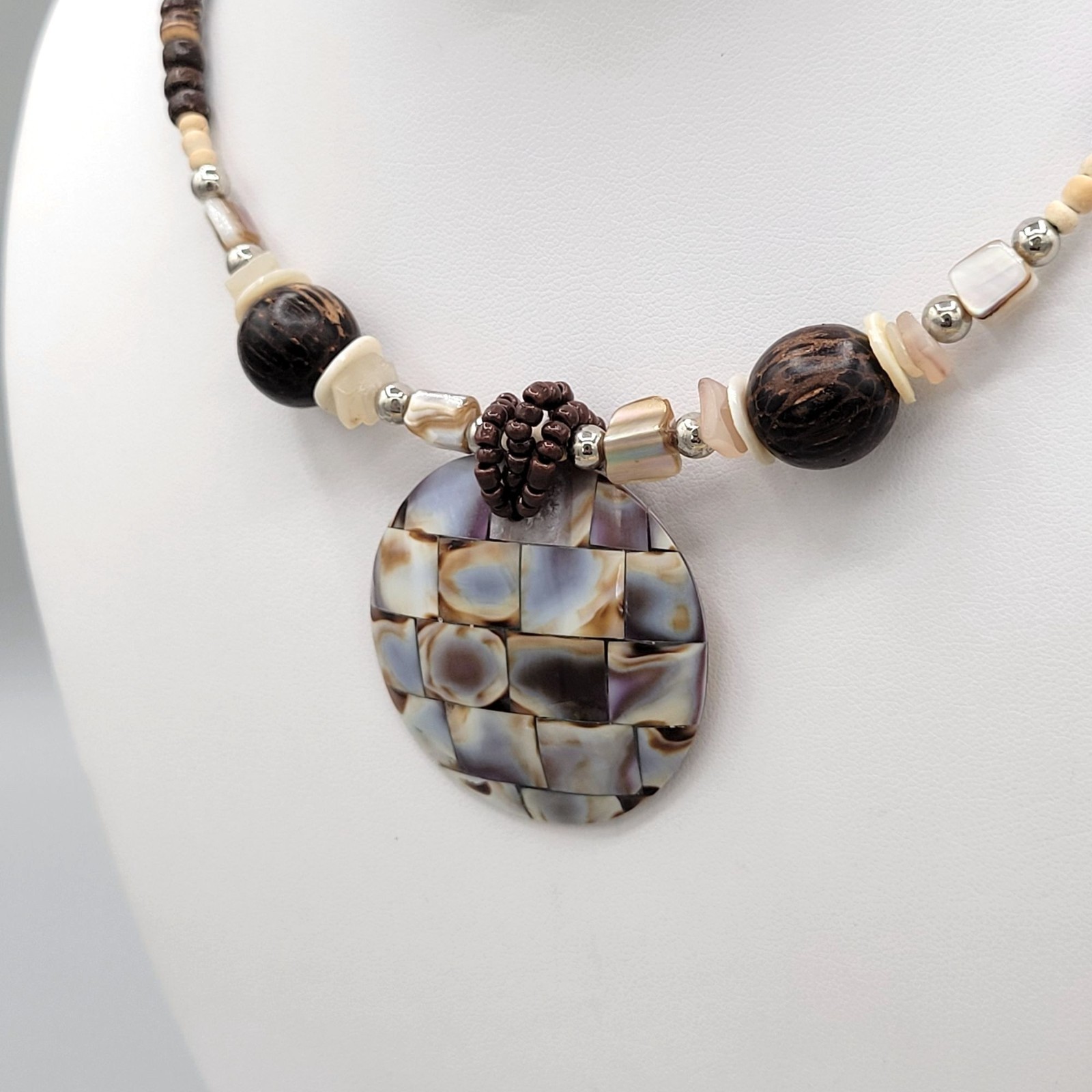 Brown & Beige Beaded Memory Wire Necklace Abalone Spacers Shiny Resin Pendant