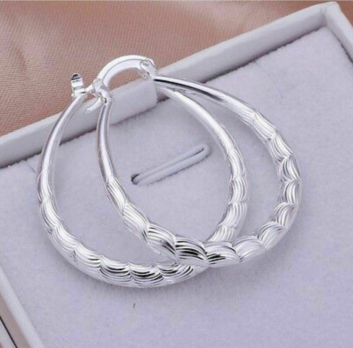 Women’s Silver Plated Oval Etched Hoop Pierced 1-1.5 Inch Earrings