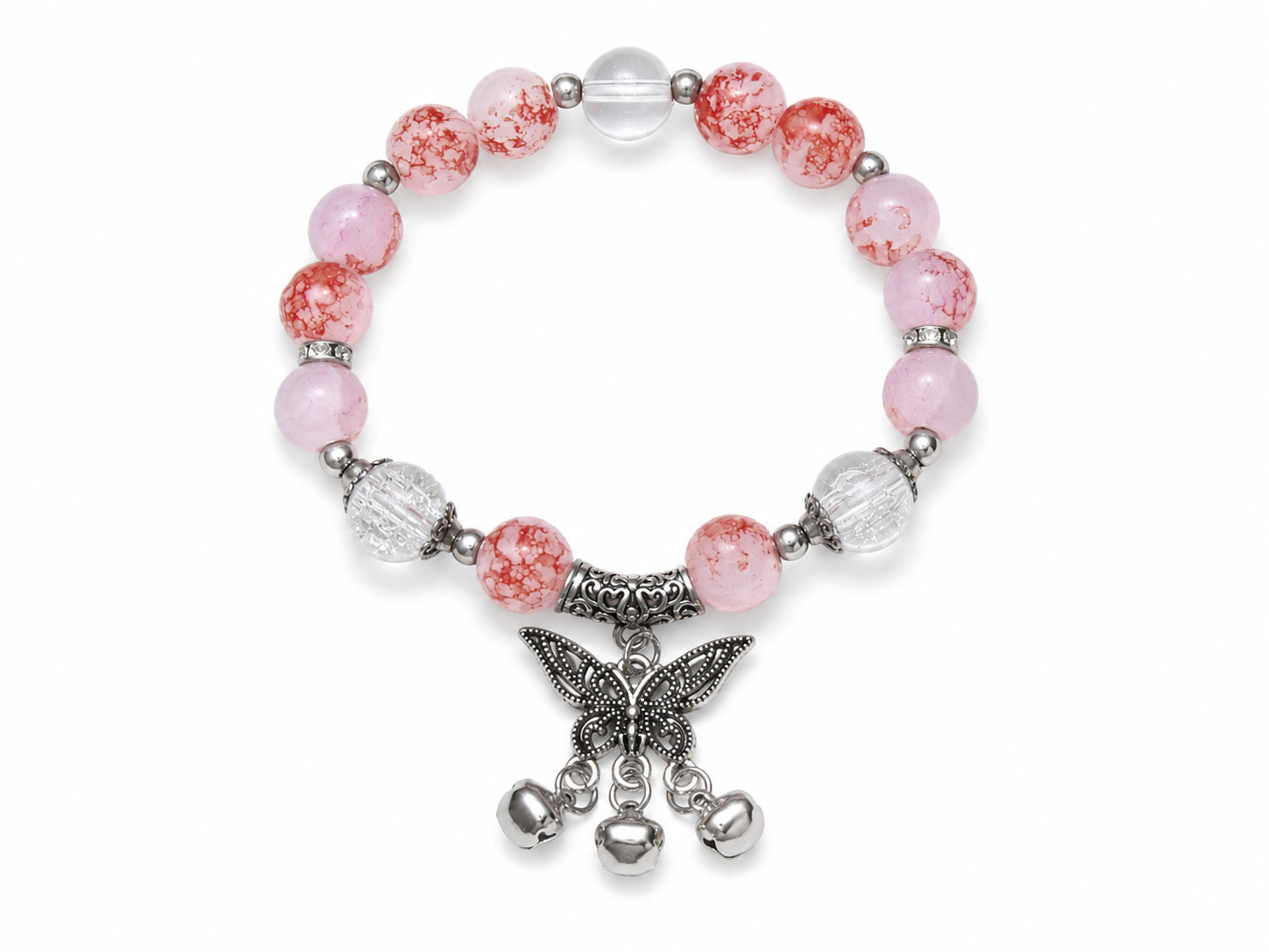 Pink Red Crackle Glass Bead Bracelet w/ Silver Butterfly Bell Charm Boho Gift