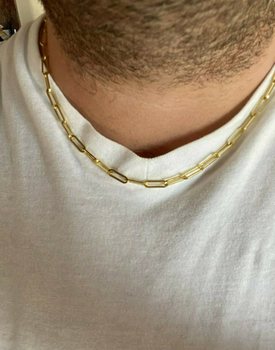 14k Gold Plated Solid 925 Sterling Silver 3mm Paperclip Rolo Chain Necklace