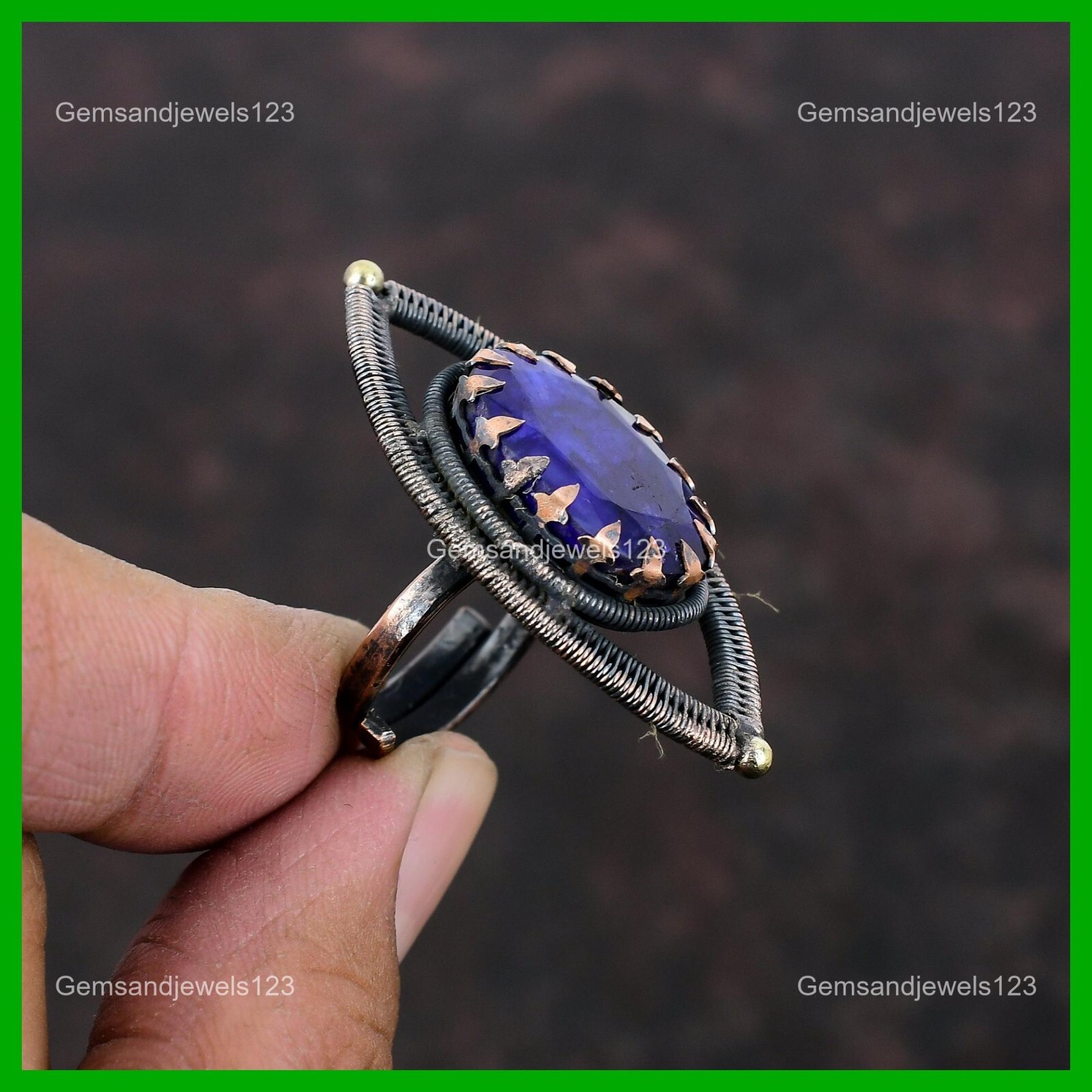 Copper Blue Saphire Gemstone Wire Wrapped Wife Promise Unique New Ring Jewelry