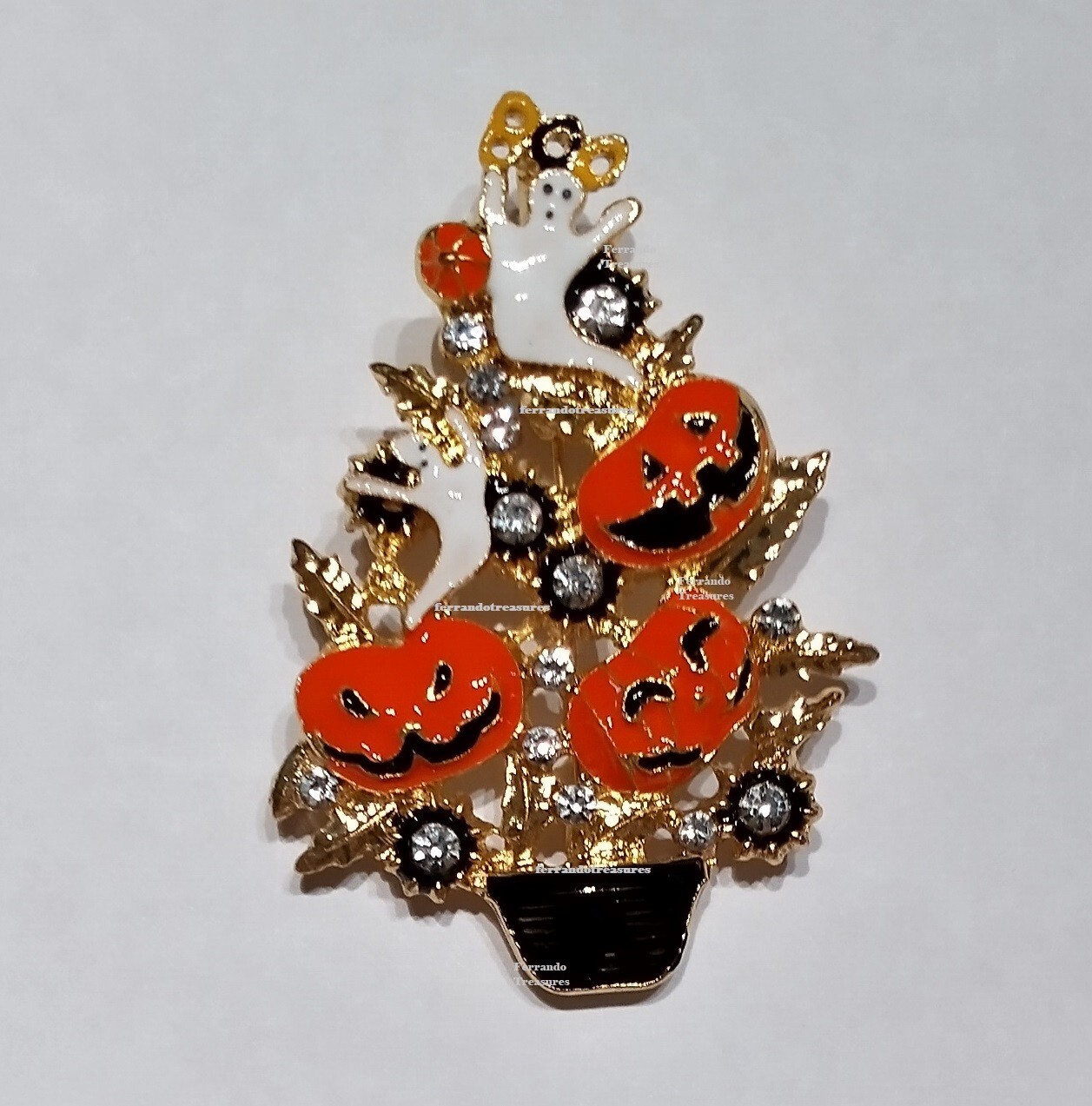 Pumpkins and Ghosts Halloween Fall Tree Rhinestone Pin Pendant Gold Bag