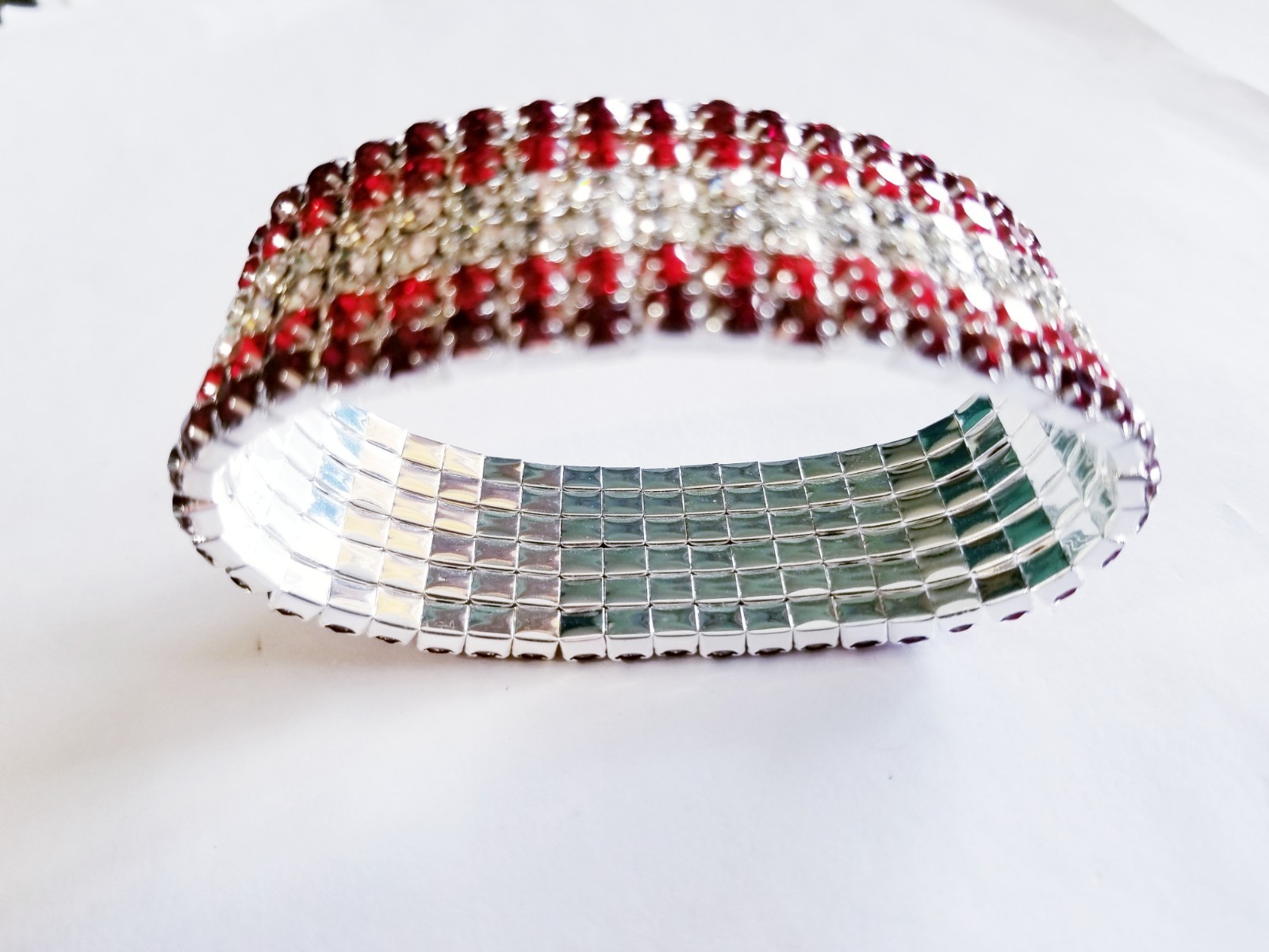 Red Silver Rhinestone Stretch Bracelet Crystal Pageant Prom Drag Jewelry