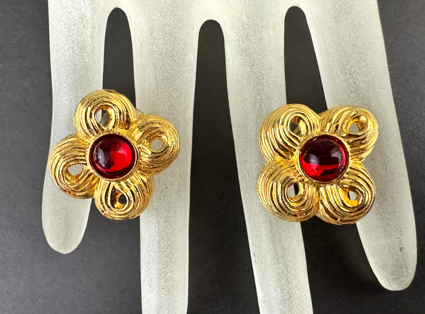 Givenchy Signed Gold Tone Gripoix Ruby Red Glass Cabochon Knot Floral Earrings
