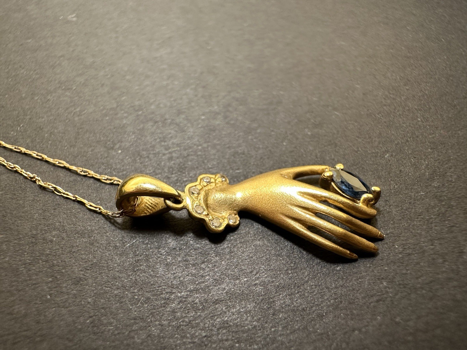 Vintage 18k Gold Hand Charm Pendant Necklace Marquise cut Sapphire and Diamonds