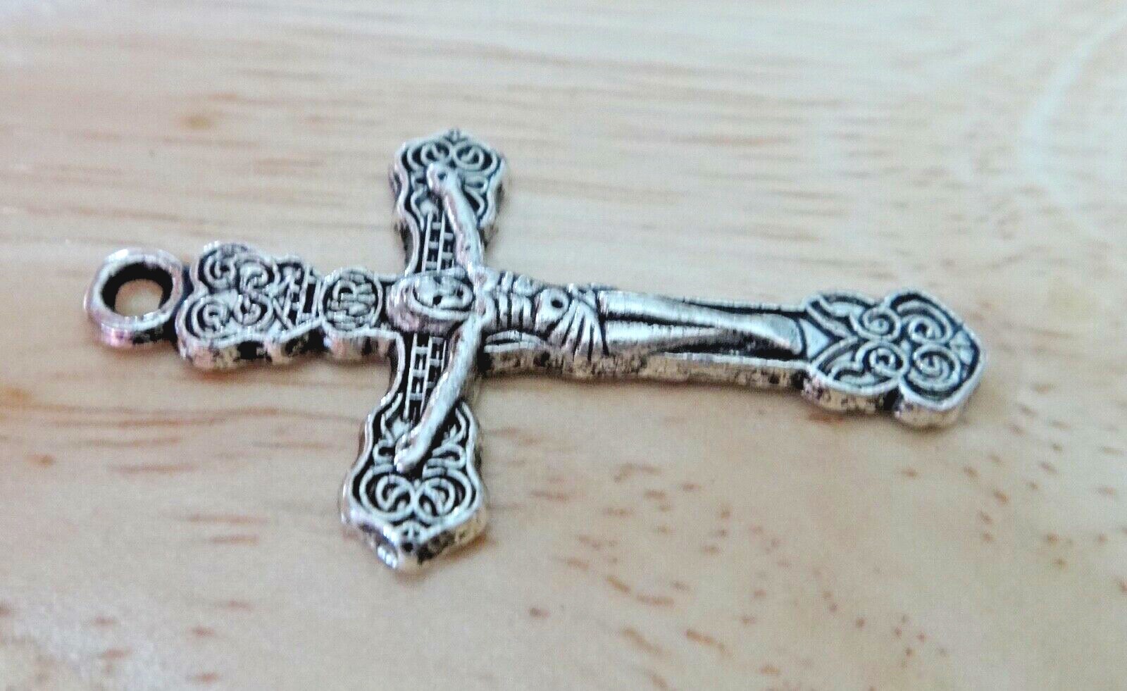 Silver 1.5 inch 39x20mm Pewter Fancy Crucifix Cross Pendant Charm w/ jump ring