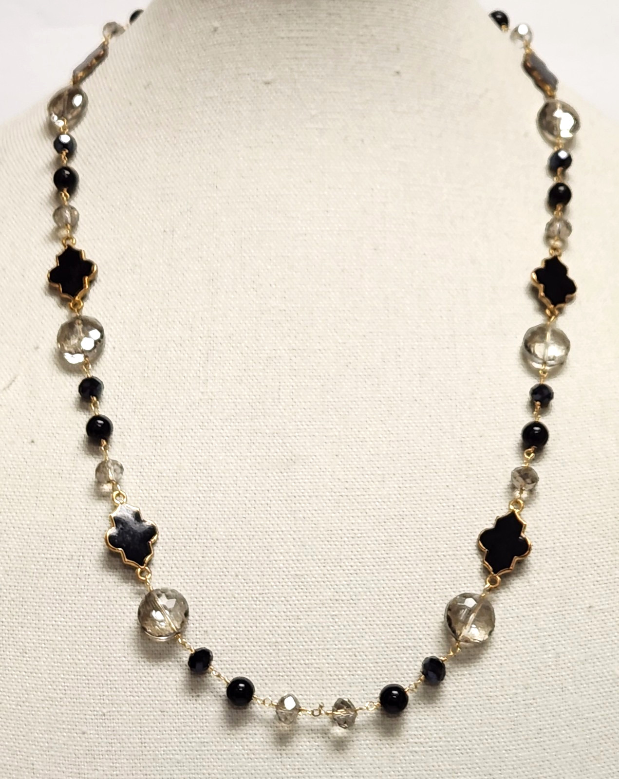Gilt Sterling Silver Gray & Black Crystal Bead Quatrefoil Motif Necklace 27.5″