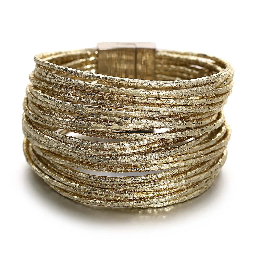 Triple Color Leather Wrap Bracelet Multilayer Slim Glitter Rope Chain Women