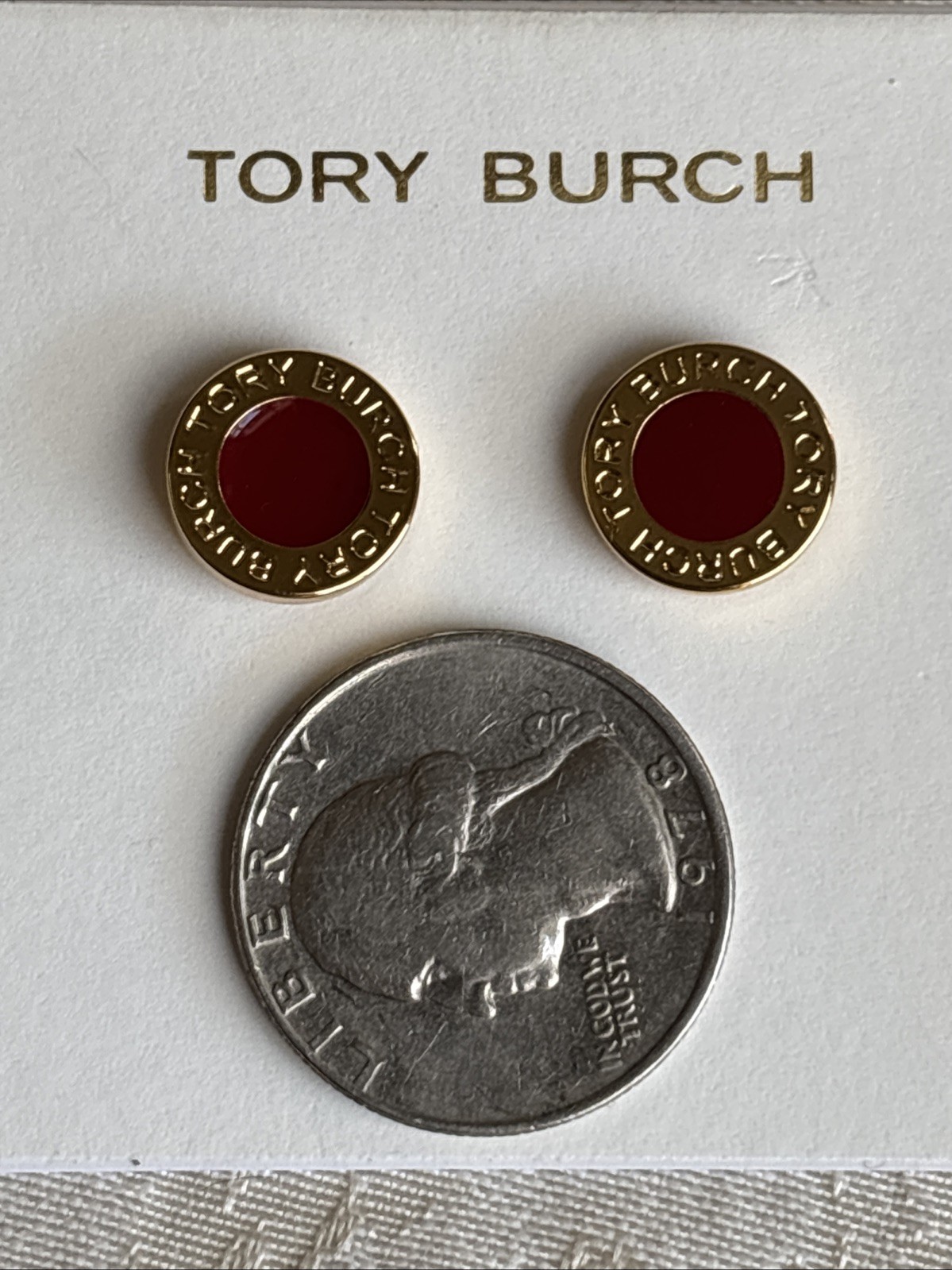 Tory Burch Gold Tone Button Stud Earrings Red Enamel Center See Pics Rare Find