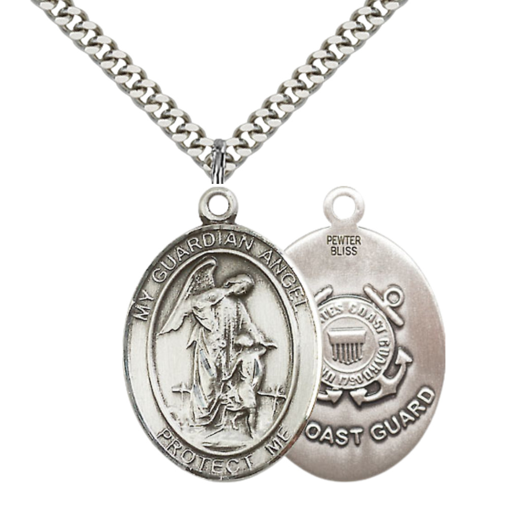 Large Pewter Guardian Angel Coast Guard Medal 24″ Lobster Claw Chain Necklace