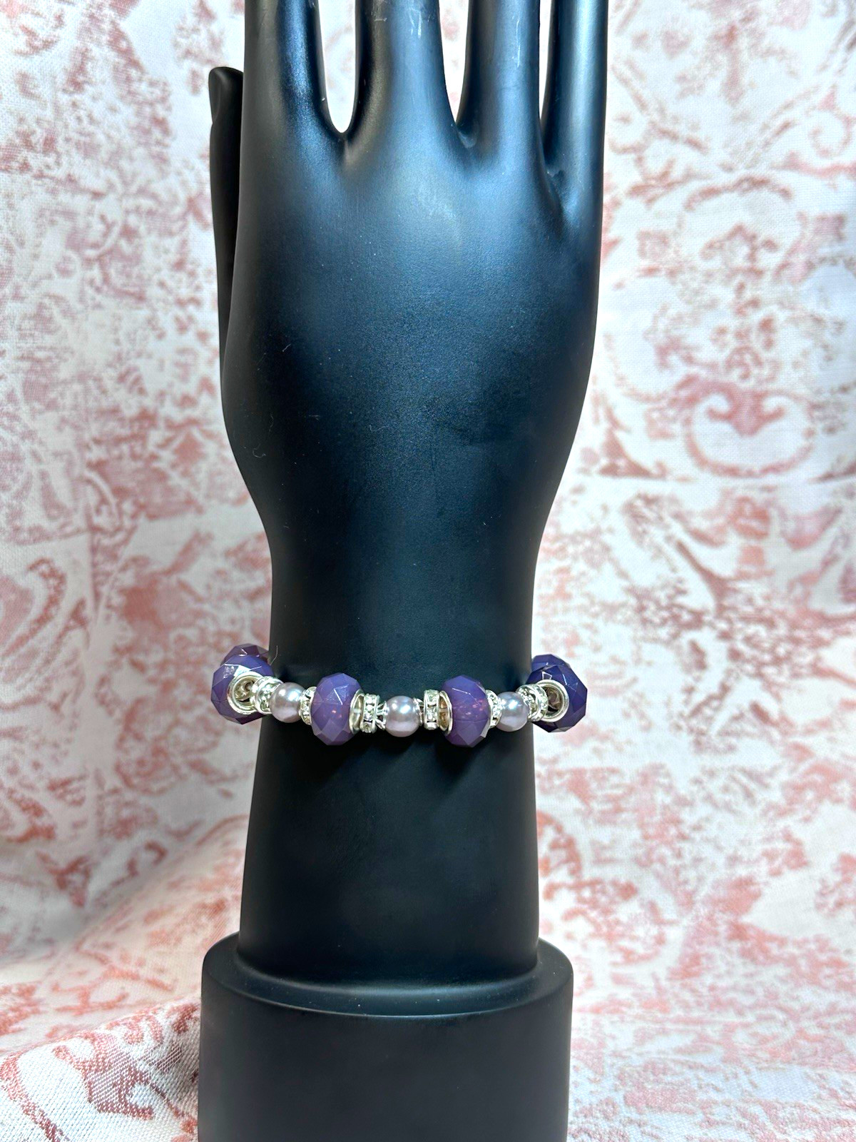Purple Round Beaded Stretch Charm Bracelet with Silver Tone Spacer Beads