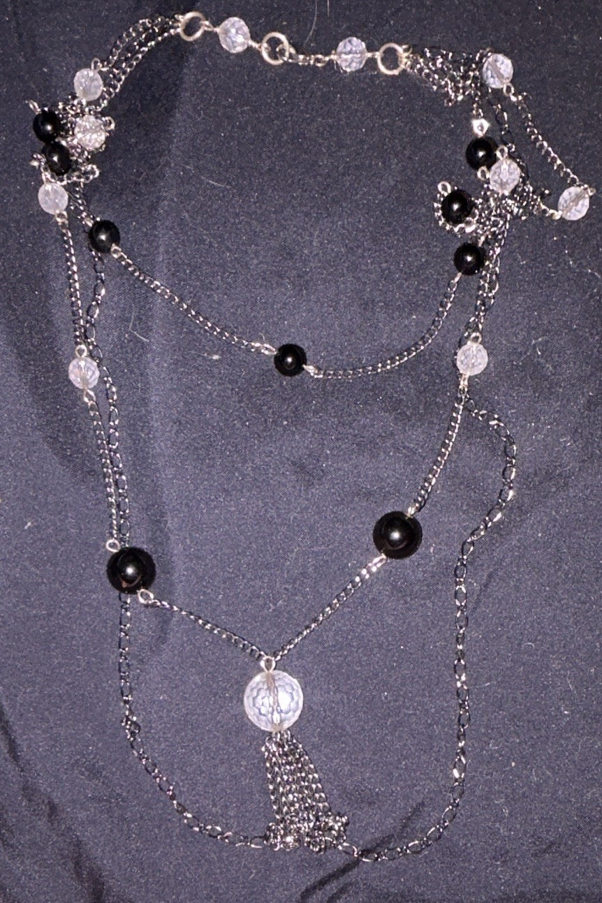 Handmade Silver Tone Layered Chain Crystal Beaded Necklace Black/Clear Tassel