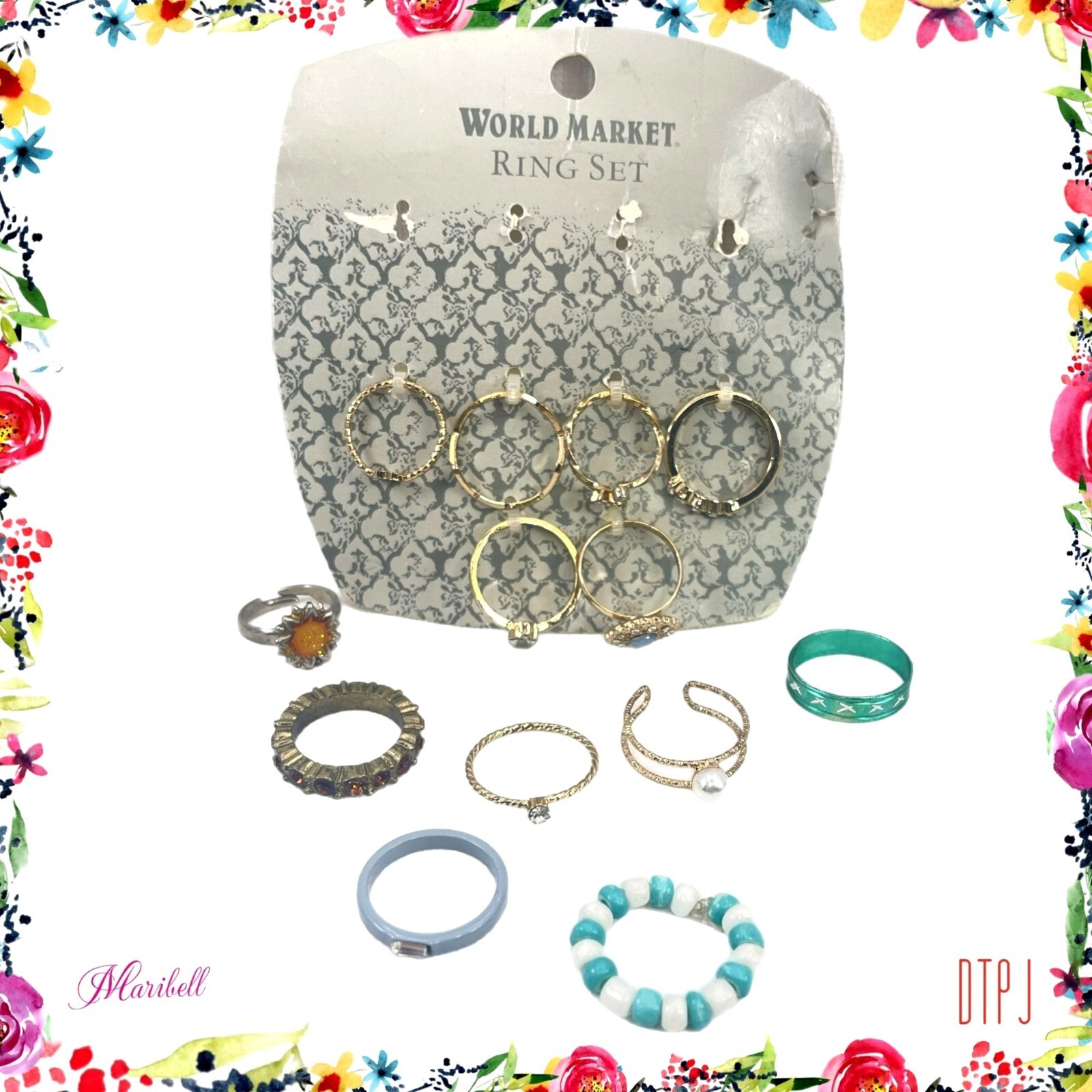 Lot of 13 World Market Ring Set Gold Tone w/ Rhinestones Pearl Beaded Jewelry